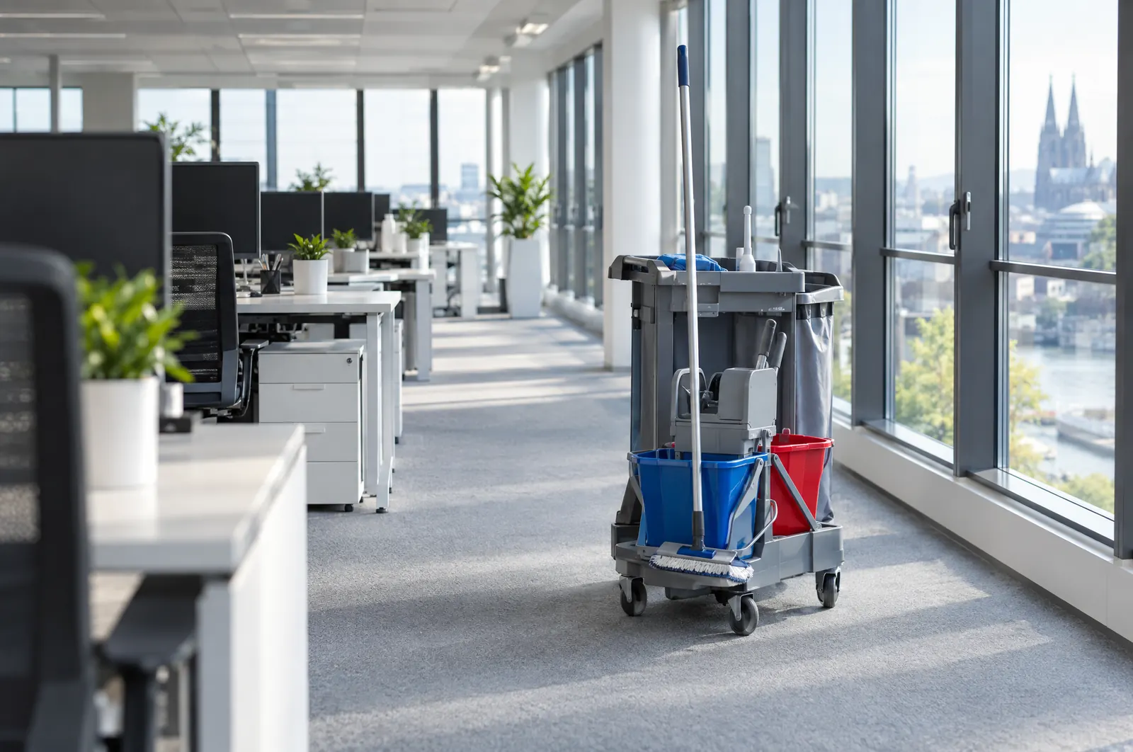 Reinigungswagen in einem hellen Büro