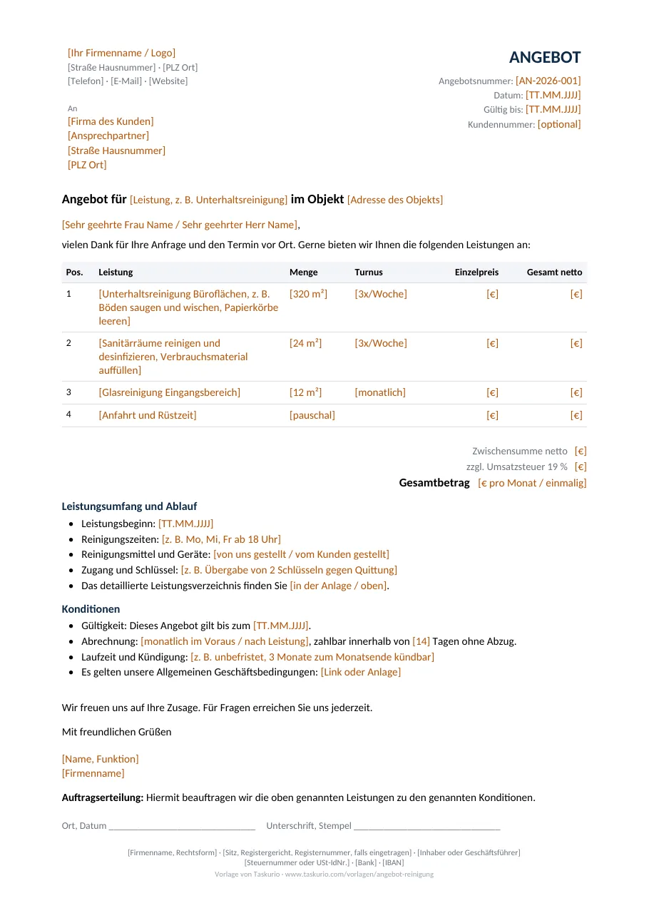 Vorschau der Angebotsvorlage für Reinigungsfirmen